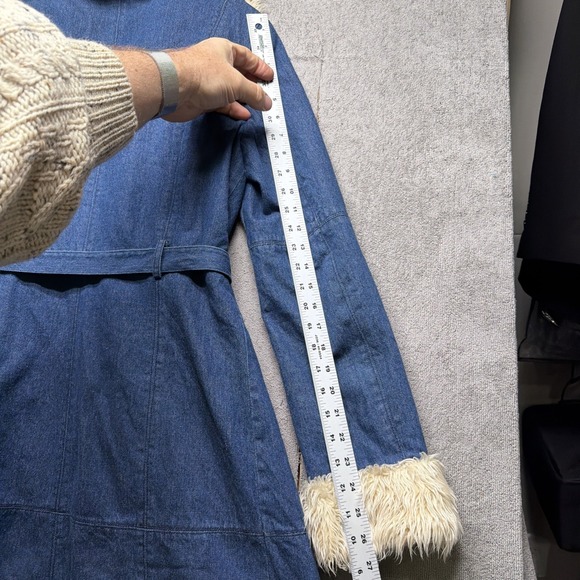 Penny Lane Coat Denim Faux Sherpa Teddy Lined Belted Long Retro 70s Style Large - Picture 10 of 11